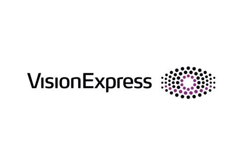 An image of the Vision Express logo. 'VisionExpress' is in black and and abstract image of an eye made up of small black and purple dots is on the right.