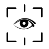 Black outline of four black right angles organised in the shape of a square with gaps. In the center of the square is an eye.