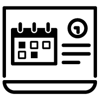 Black outline of a calendar and a person on a computer screen.