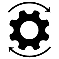 A black outline of a gear symbol. Surrounding the gear are two curved arrows pointing right in the shape of a circle.