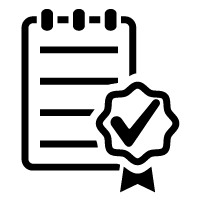A black outline of a clipboard with a certificate badge next to it. In the badge is a tick.