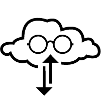 Black outline of a pair of glasses frames in a cloud. Below the cloud are two vertical parallel arrows pointing in opposite directions.