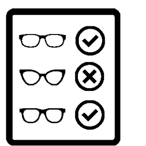 A black outline of 3 glasses frames. the first pair has a tick next to it. The second pair has an 'X' next to it. The third pair has a tick beside it.