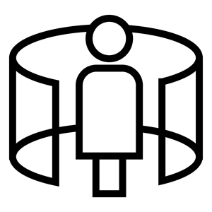 Black outline of a cylinder with an opening in the front. A person stands at the center of this opening.