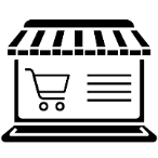 Black outline of a shopping cart and lines of writing on a laptop screen.