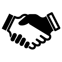 Black outline of two hands shaking in agreement. One is shaded black and the other is shaded white.