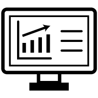 A black outline of a computer scree. On the screen is a bar chart indicating growth from left to right.
