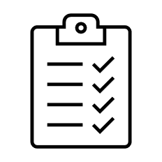 A black outline of a clipboard. On the page is a list with ticks lined on the right.