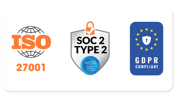An image of certificates. The first cert is ISO, the second is SOC 2 Type 2, and the third is GDPR Complaint.