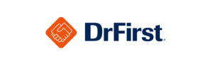 The logo for Dr First. An outline of two hands shaking is on the left of this logo in an orange diamond.