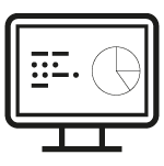 A black outline of a computer screen. On the left of the screen is a pie chart, with writing on the left.