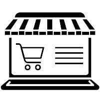 Black outline of a shopping cart and lines of writing on a laptop screen.