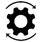 A black outline of a gear. One arrow curving and pointing right is on top of the gear, another arrow curving and pointing left is below the gear.