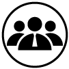 A black outline of a circle with three people at the centre.