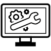 Black outline of a computer screen with a spanner and gears on it.