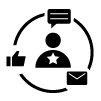 A black outline of a circle with a person at the centre. The lines of the circle are broken up by three icons: a thumbs up icon, an envelope and a messaging box.