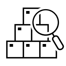 Black outline of 5 boxes stacked on top of each other in the shape of a pyramid. A magnifying glass is on the right and focuses on the second row of boxes.