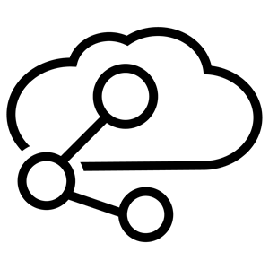 Black outline of a cloud. In front of this cloud is a sharing symbol made up of three dots connected by two lines.