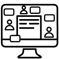 Black outline of a computer screen with icons of people and blank boxes.