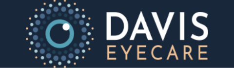 The Davis Eyecare logo. 'DAVIS' is written in white with 'EYECARE' written below it in yellow. There is an image of an eye made up of blue dots on the right.