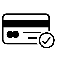 Black outline of a credit card. On the bottom right is a small circle with a tick in the center.