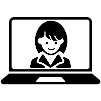Black outline of a woman on a laptop screen.