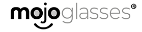 The logo for Mojo Glasses in black. The 'j' in Mojo has a curved line below it, imitating a smile.