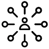 Black outline of lines with holes at the end emerging from a circle. At the center of this circle is a person.