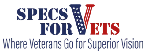 The Specs for Vets logo. 'SPECS FOR' is written on the left in blue. 'VETS' is written on the right in red.