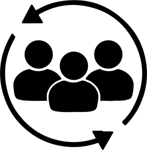 Black outline of three people in a circle. The lines of this circle are two arrows following each other.