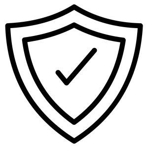 Black outline of a shield with a tick in the middle.