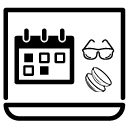 Black outline of contact lenses, glasses and a calendar on a laptop screen.