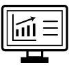 Black outline of a computer screen with a bar chart and an arrow increasing upwards on it.