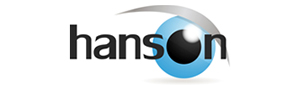 The Hanson logo in black. The 'o' in Hanson has a blue and grey background that gives the illusion of an eye.