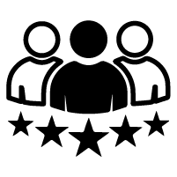 Black outline of three people behind a line of stars.