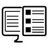 A black outline of a computer screen with lines of text. Next to the screen is a sheet of paper with bullet pointed text.