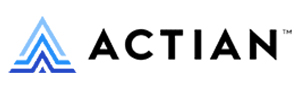 The Actian logo in black. An abstract letter A in blue is on the left of this logo.
