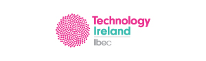 The Technology Ireland logo in pink and blue. Underneath the logo is Ibec in grey.