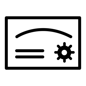 Black outline of a page with a gear symbol and writing.
