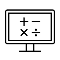 A black outline of a computer screen. On the screen are the following math symbols: a plus sign, a subtraction sign, a multiplication sigh, and a division sign.