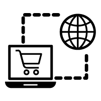 Black outline of a shopping cart on a laptop screen. Dashed lines connect the laptop screen with a globe.