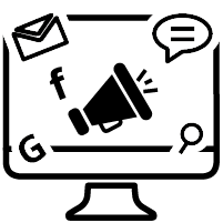 Black outline of a computer screen with social media icons.