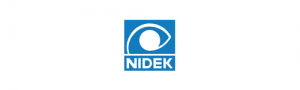 The Nidek logo. 'Nidek' is written in white against a blue background. A white outline of an eye is above it.