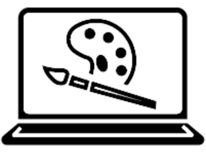 Black outline of a laptop screen with a paint brush and paint palette.