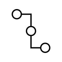 A black outline of three circles lined diagonally. The circles are connected by two right angled lines.