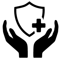 A black outline of a pair of hands opened slightly. In the middle of the hands is the shape of a badge with a plus icon on the right.