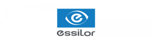 The Essilor logo. A white outline of an 'e' in an eye is above the logo with a blue background.