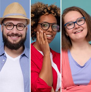 An image of three separate people. The first person is a man smiling wearing a white shirt and beige hat. The second person is a woman with brown curly hair, black glasses and and a red shirt. The third person is a woman wearing blue glasses and a purple shirt.